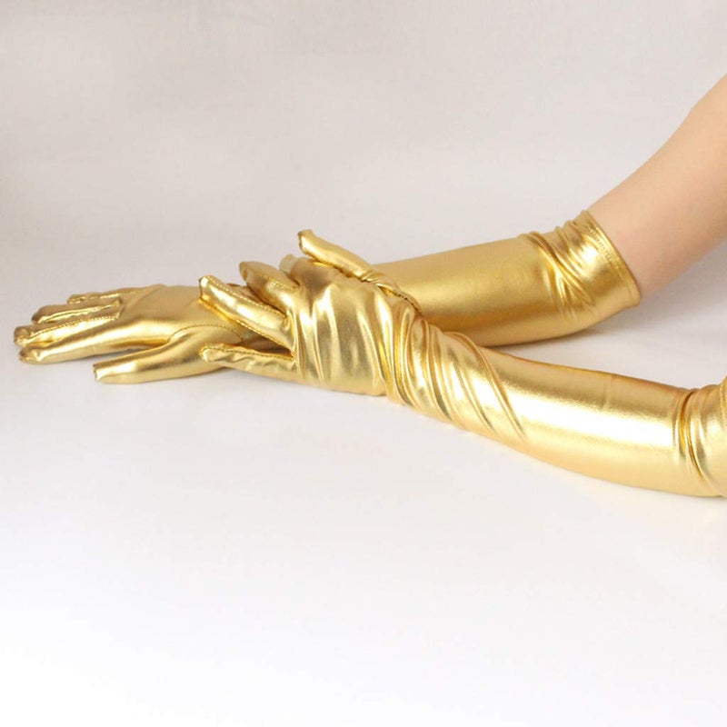 DreamHigh Women's 17" Long Satin Cosplay Finger Gloves Gold - Image 4